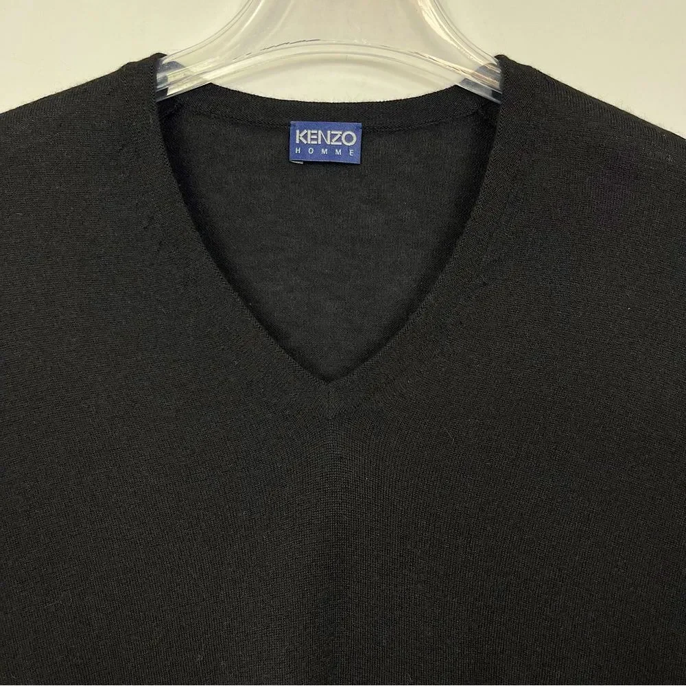 KENZO Homme Men’s Black Lightweight Silk Cashmere Blend V-Neck Basic Sweater L